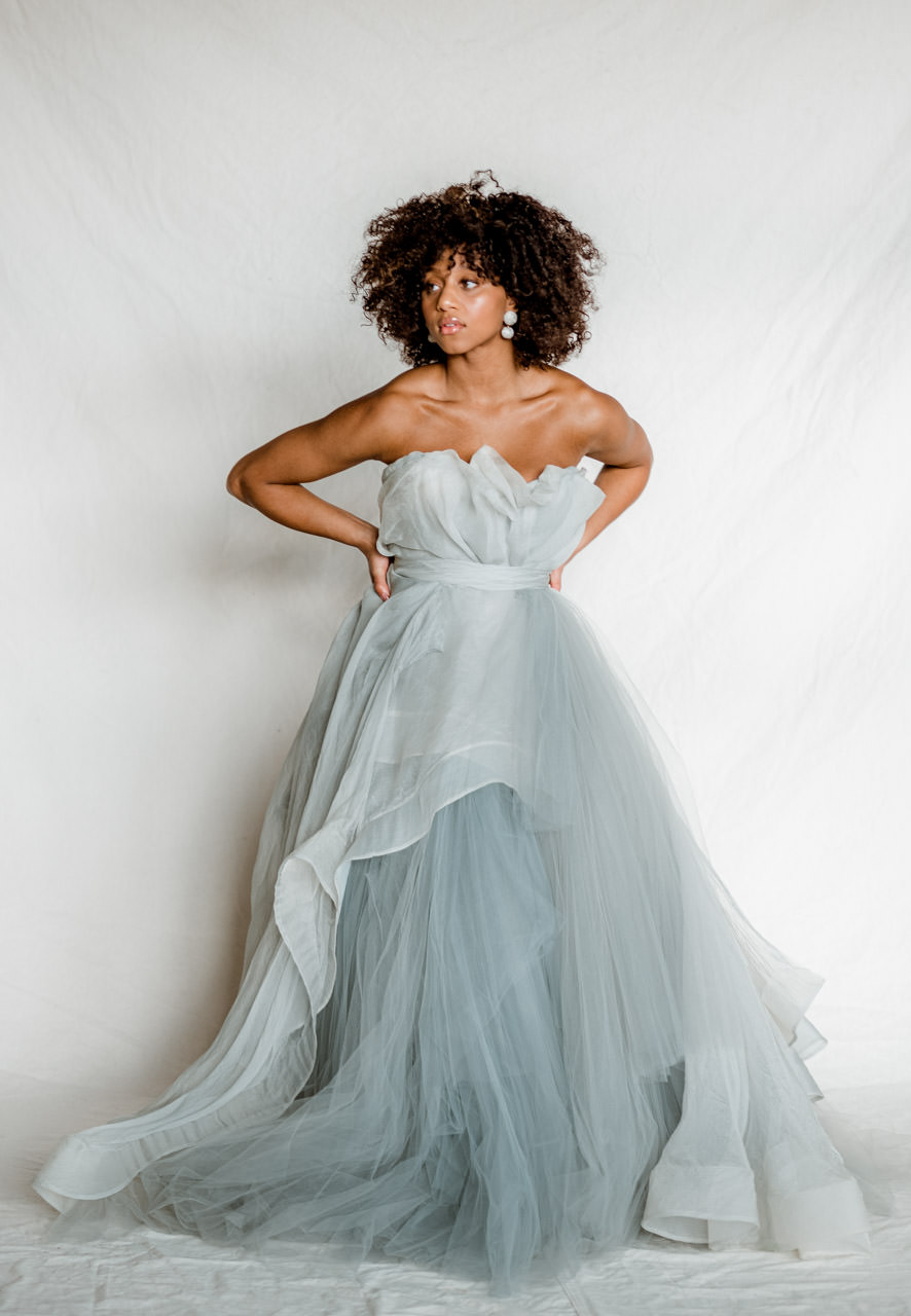 Florence_gray silk organza and tulle wedding gown for styled shoot rentals by Claire LaFaye and Rented Dress