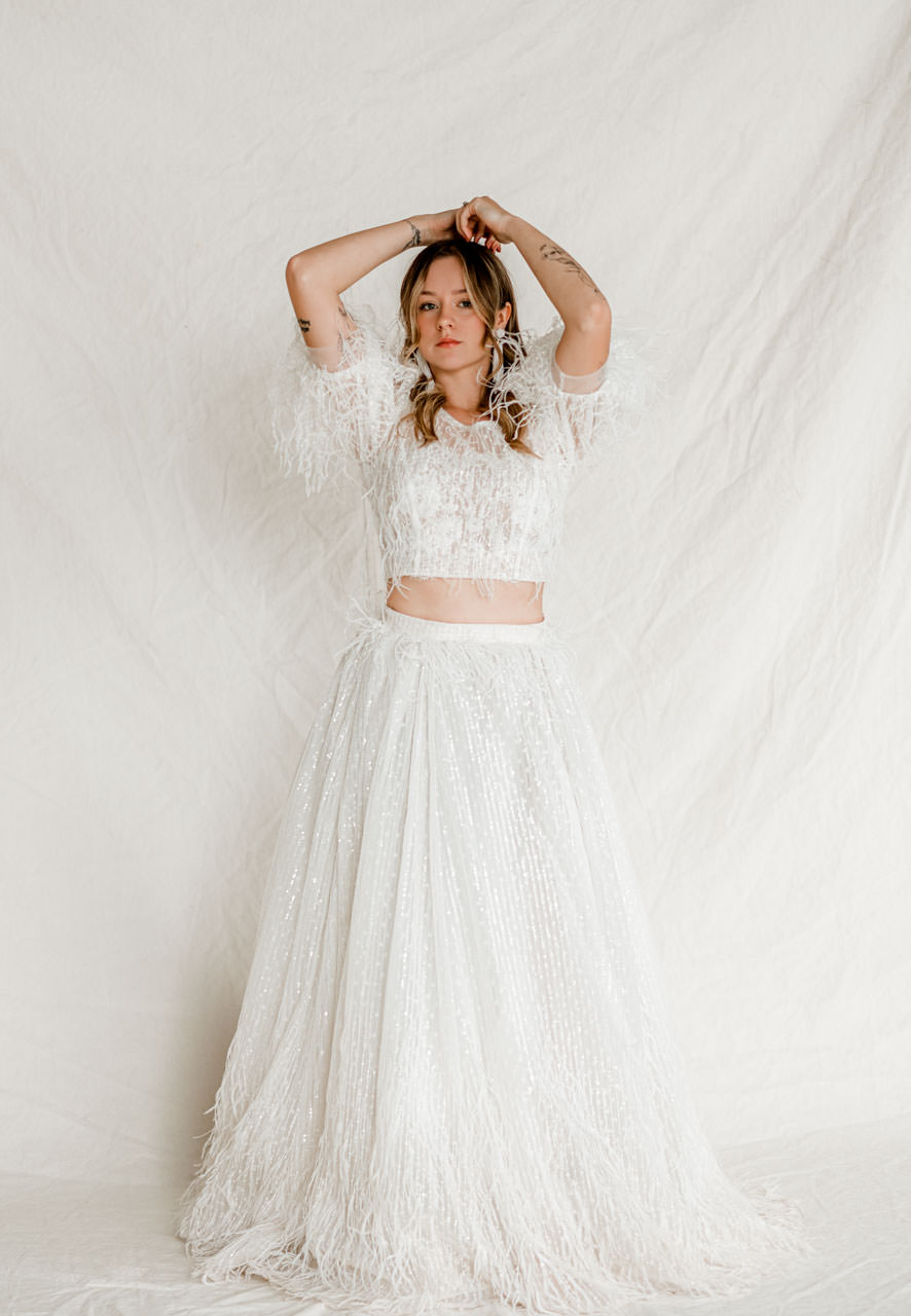 Fleur ivory sequin and feather wedding gown for styled shoot rentals by Claire LaFaye and Rented Dress