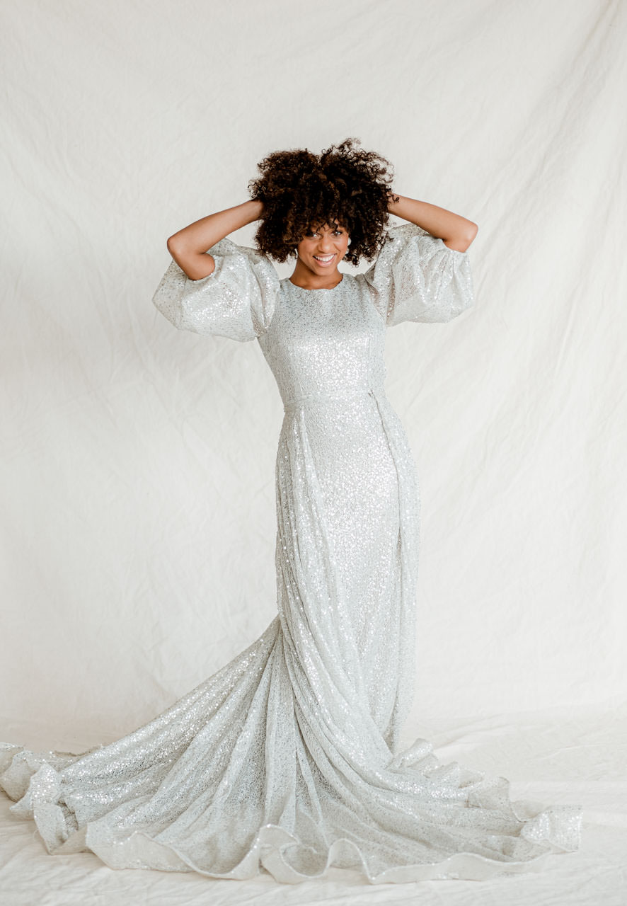 Carry On_silver sequin wedding gown for styled shoot rentals by Claire LaFaye and Rented Dress