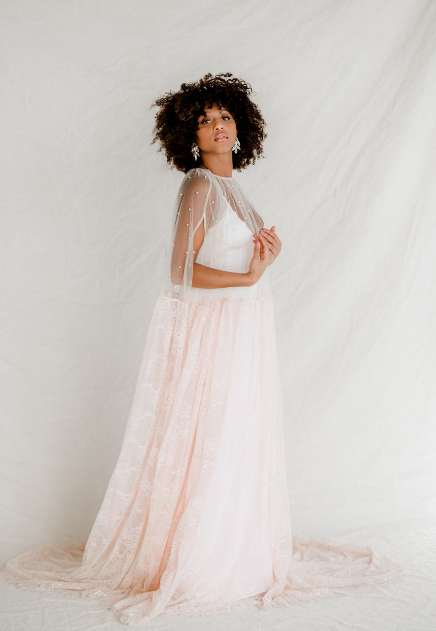 Pretty in Pink_pink lace and pearl wedding gown for styled shoot rentals by Claire LaFaye and Rented Dress