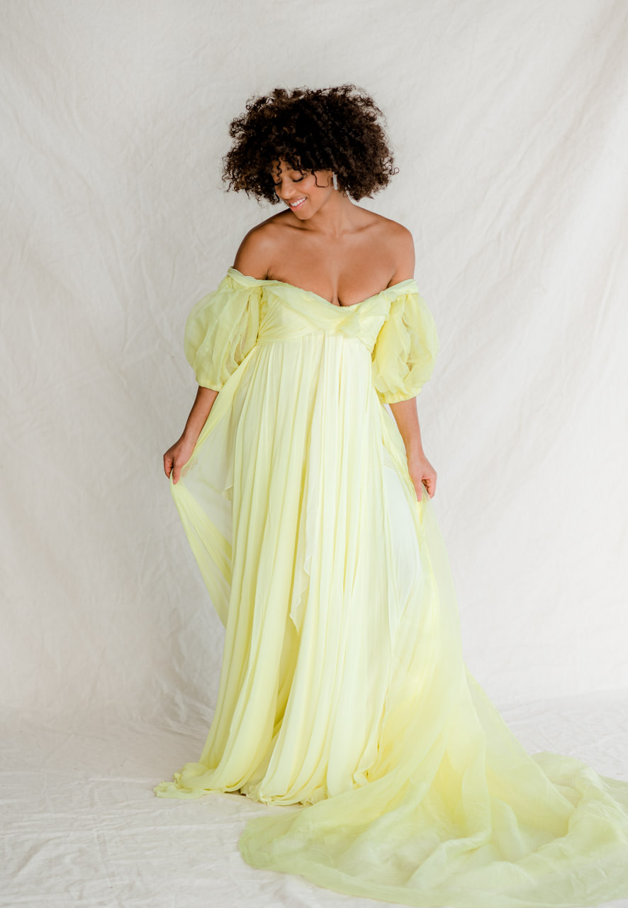 Lemon Chiffon_neon yellow silk wedding gown for styled shoot rentals by Claire LaFaye and Rented Dress