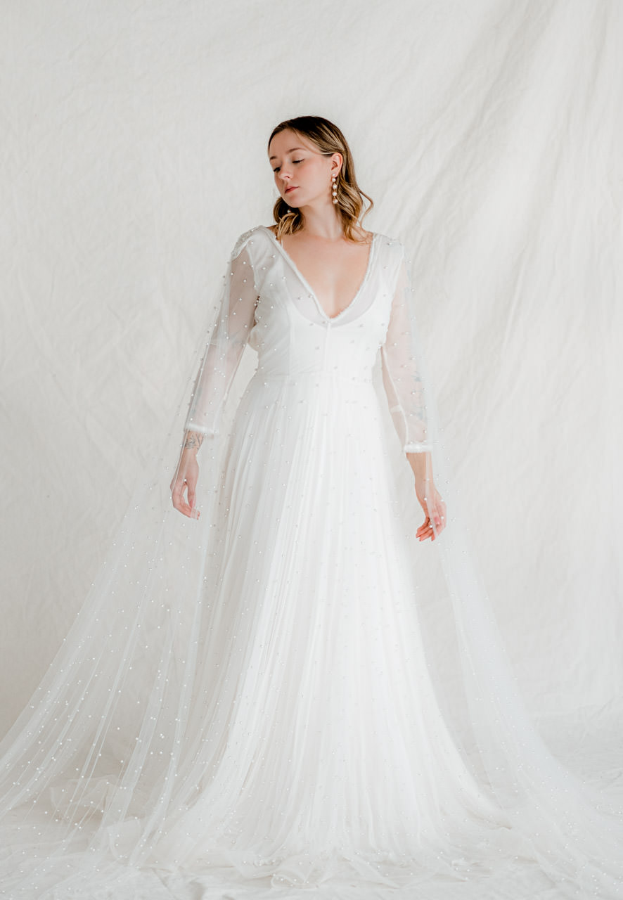 Lulu_ivory pearl and tulle wedding gown and cape for styled shoot rentals by Claire LaFaye and Rented Dress
