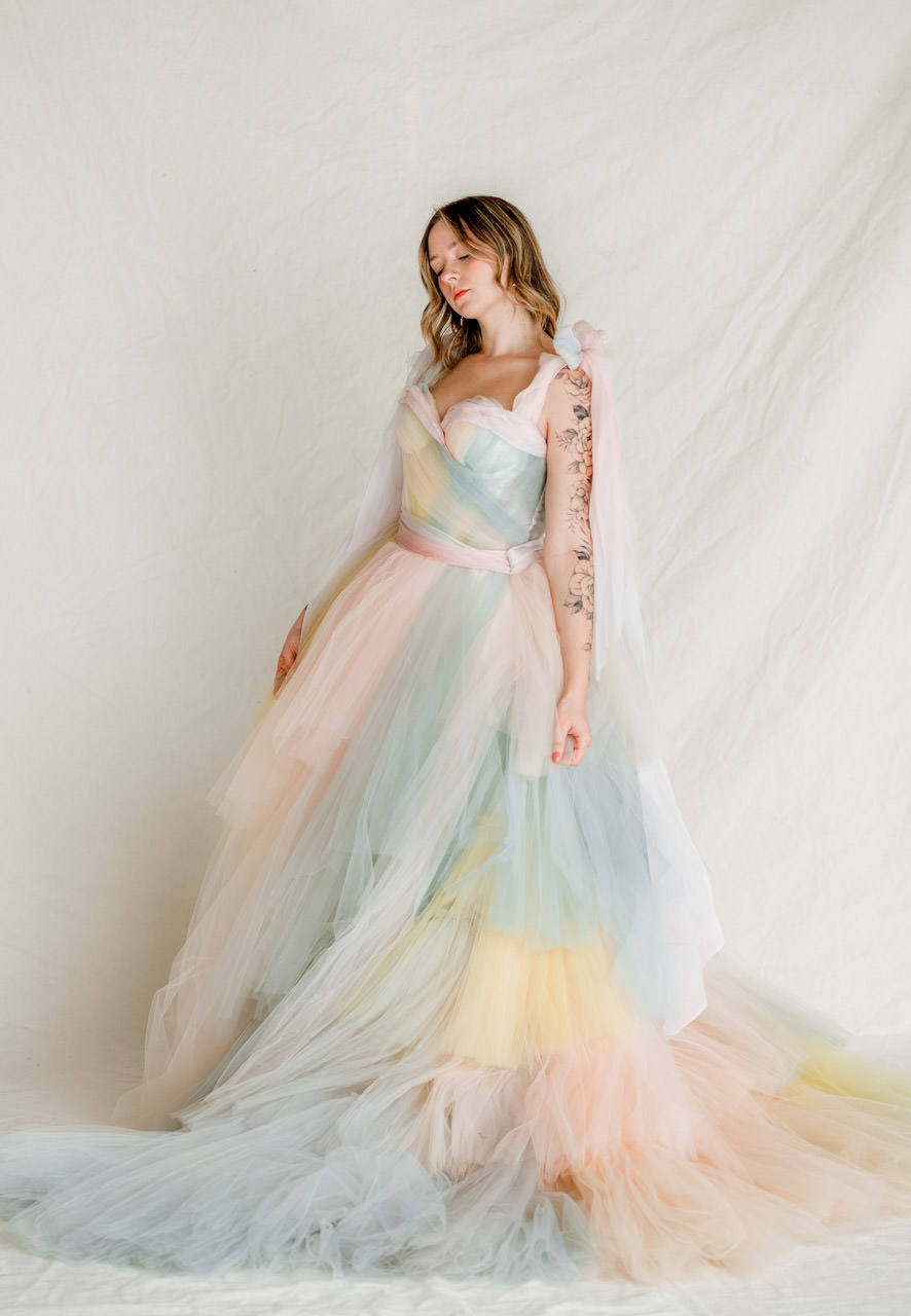 Candy Crush pastel rainbow tulle wedding gown for styled shoot rentals by Claire LaFaye and Rented Dress