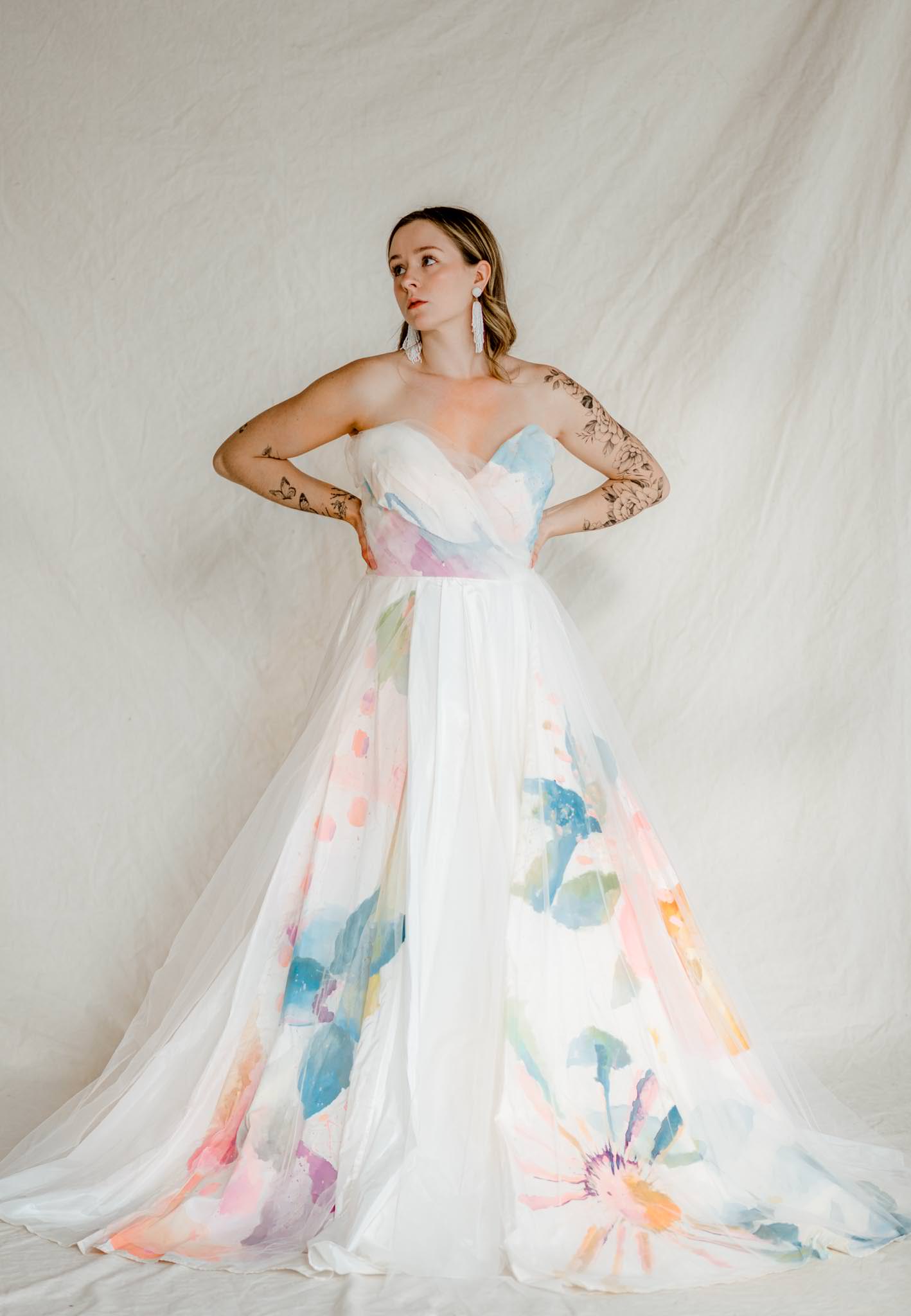 Hand painted floral taffeta wedding gown for photographers styled shoot Dress Rental company Rented by Claire LaFaye_In Bloom