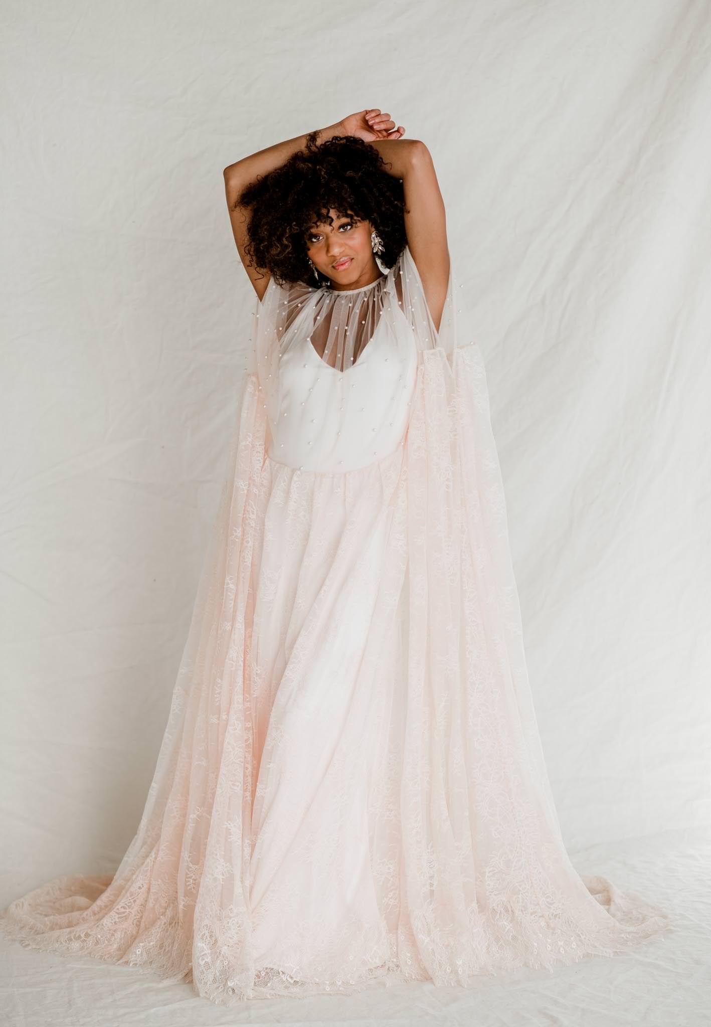 Pale pink lace and pearl mesh designer gown for photographers styled shoot wedding Dress Rental company Rented by Claire LaFaye_Pretty in Pink