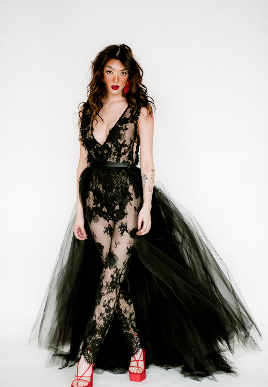 Rented Dress the bridal and maternity dress rental company by Claire La Faye for styled wedding shoots, workshops, and publications. model wearing black lace and tulle ball gown black angel.