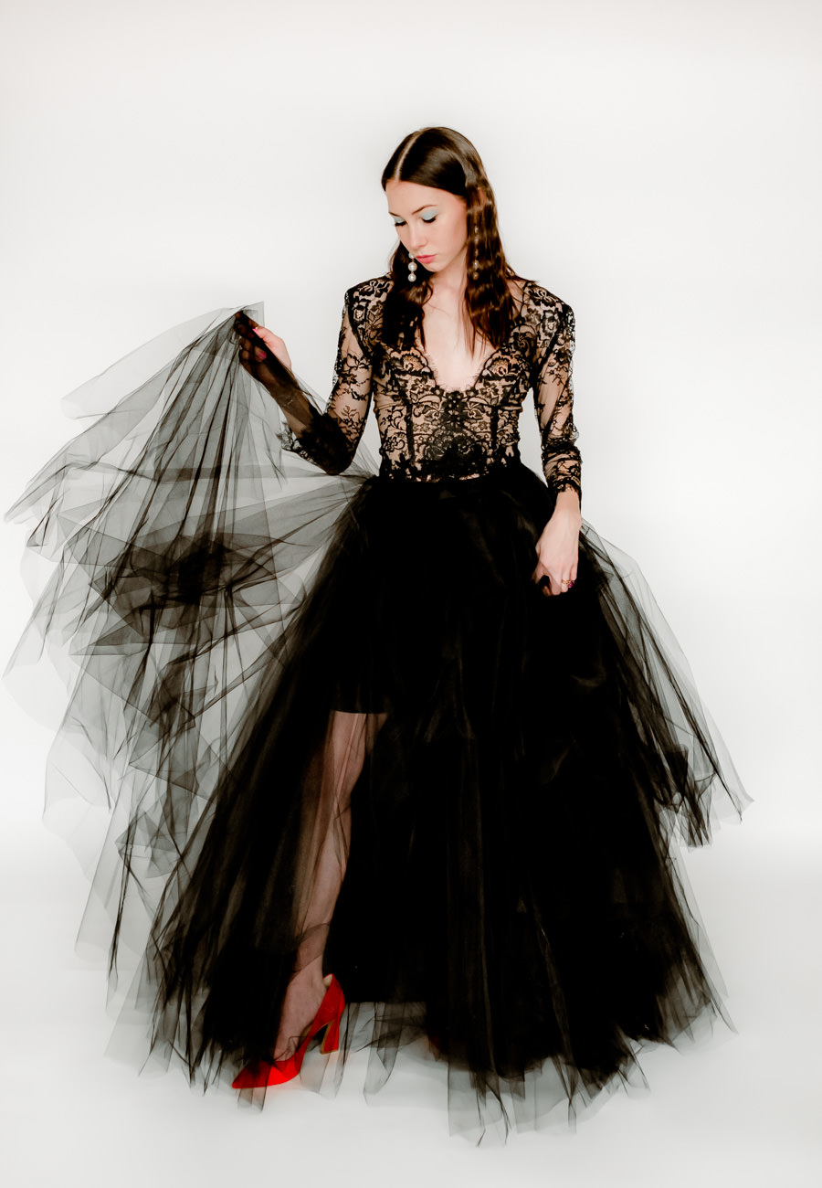 Anouk black lace and tulle two piece wedding gown for rent to photographers, stylists, videographers, and other creatives to use in styled shoots and other editorial publications.