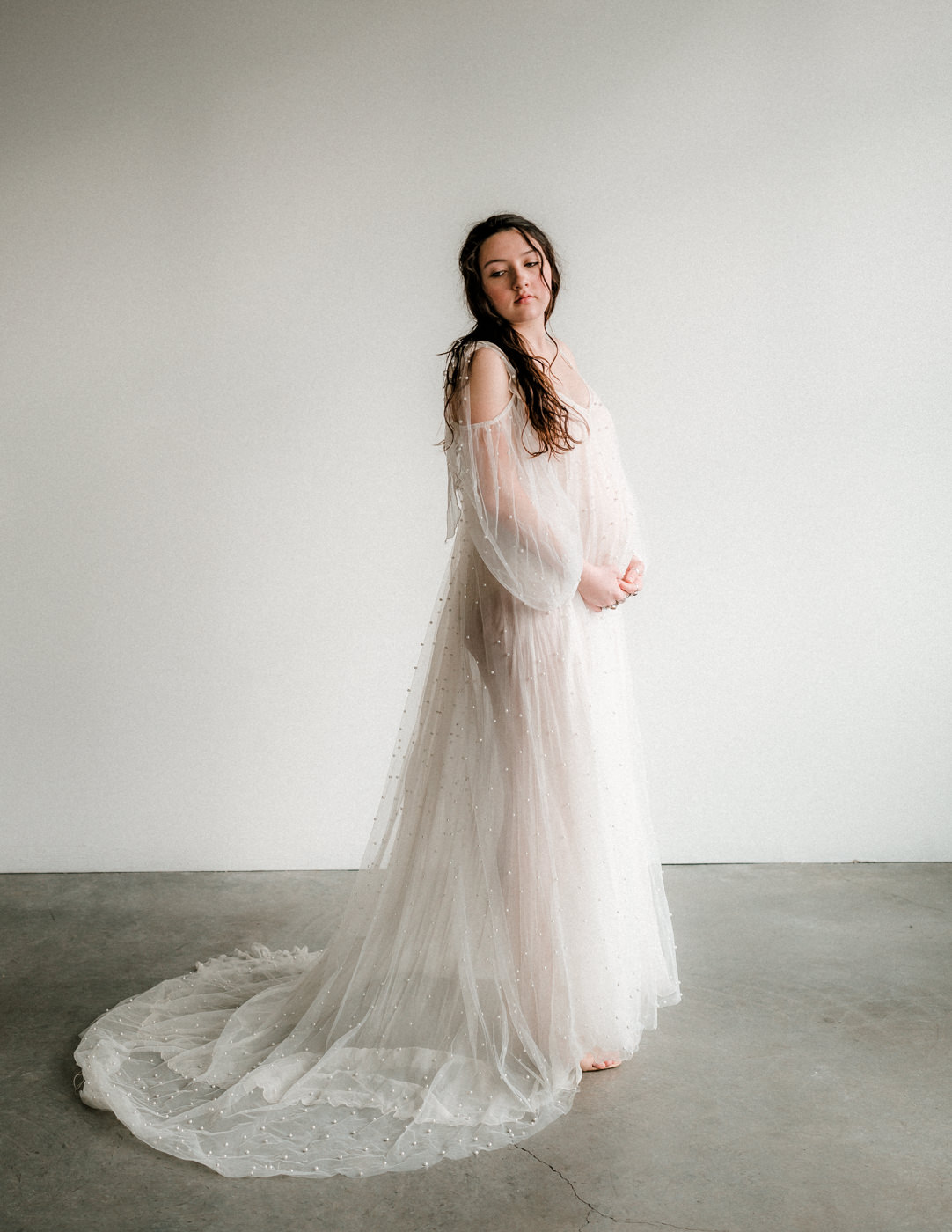 SOLSTICE white pearl and tulle maternity gown for rent for styled shoots by Claire La Faye